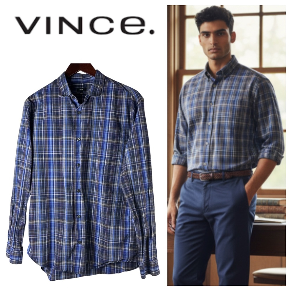Vince Shirt Button Down Mens Sz Large Blue Plaid Checked LS Dress Casual